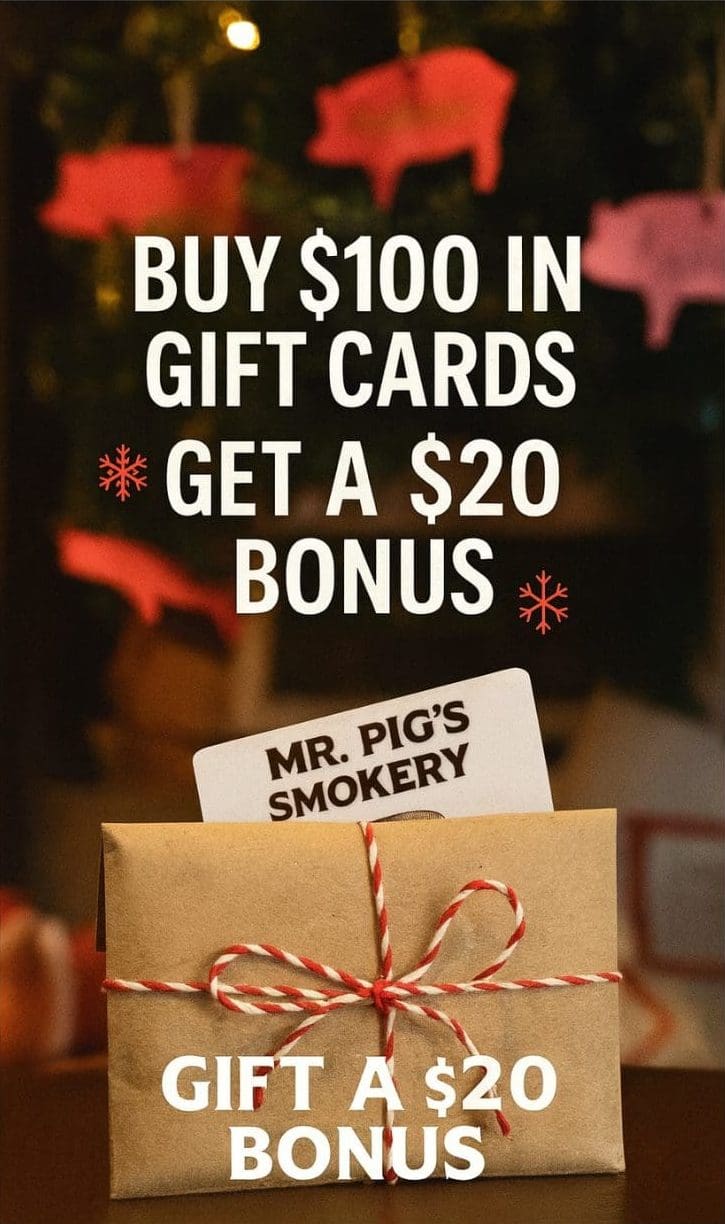 Mr Pigs Smokery - A brown envelope tied with red and white string holds a "Mr. Pig's Smokery" gift card, with text offering a $20 bonus for buying $100 in gift cards—perfect for those on the waitlist popup seeking delicious rewards.